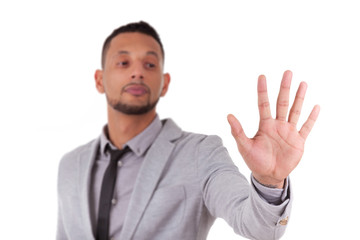 African American business man touching a transparent screen - Bl