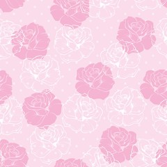 Vector floral pattern pink roses white polka dots background