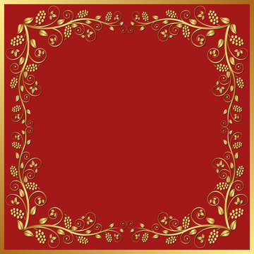red background with golden floral frame