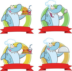 Chef Shark Cartoon Labels. Set Collection