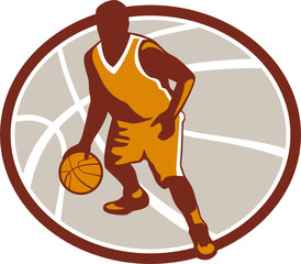 Basketball Player Dribbling Ball Oval Retro