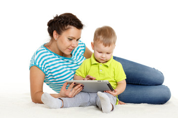 Happy family with computer tablet.