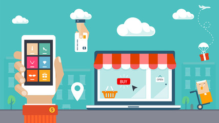 Fototapeta premium Flat design vector illustration. E-commerce, shopping & delivery