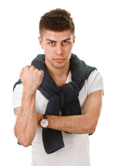 young man showing negative sign on white background