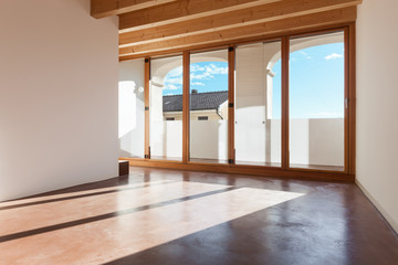 comfortable empty loft, interior, room view with porch