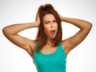 Fototapeta premium girl woman screaming wild hair opened her mouth prislanila hands