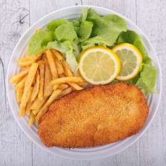 breaded, french fries and salad