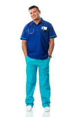 Handsome surgeon in blue special workwear