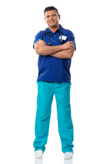Handsome surgeon in blue special workwear