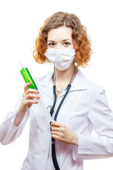 cute redhead doctor in lab coat with syringe in mask