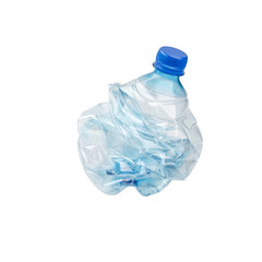 An empty smashed blue plastic bottle, isolated on white background