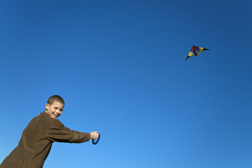 Boy flying a kite far slant
