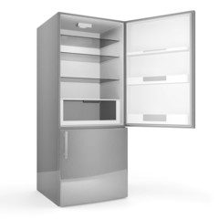 Modern metallic refrigerator with opened door isolated on white 
