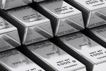 Stack of Bank Silver Bars closeup