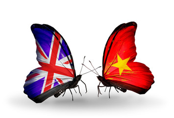 Two butterflies with flags UK and Vietnam