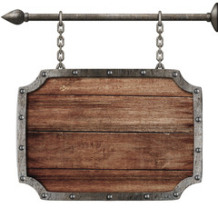 medieval wood sign hanging on chains isolated on white