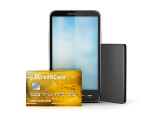 Golden credit card, cell phone and wallet