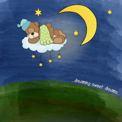 baby teddy bear sleeping on cloud
