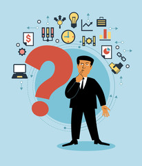 Cartoon man with a Question-mark and business icons.