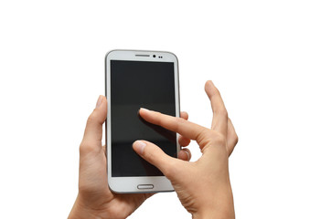Woman hand using mobile phone touch screen on white background