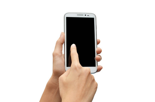 Woman hand using mobile phone touch screen on white background