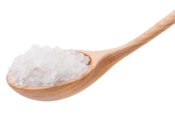 Mineral salt in wooden spoon isolated on white background cutout