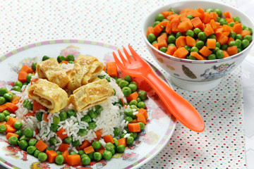 Omelette with rice and vegetables for children