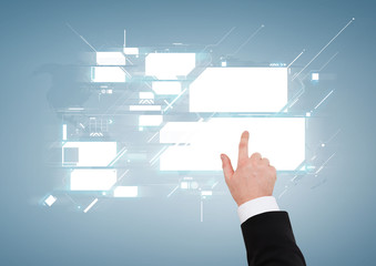 close up of businessman pointing to virtual screen