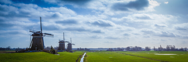 Typical Dutch landscape including windmills