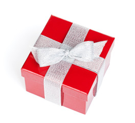 Red gift box with silver ribbon