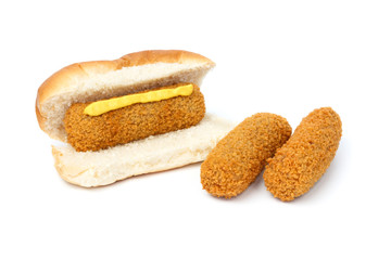 Dutch croquette sandwich with mustard two separate croquettes
