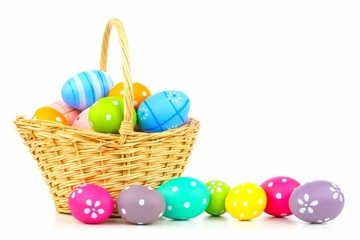 Fototapeta na wymiar Easter basket filled with colorful eggs on a white background