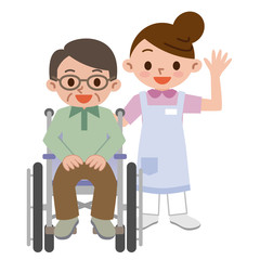 介護士と車椅子のシニア男性