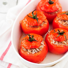 Baked Tomatoes Stuffed with Rice and Beef Mince