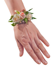 Obraz na płótnie Canvas Bracelet from flowers on hand. Wedding accessories.