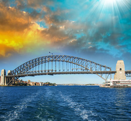 Sydney. Stunning view of famous Harbour Bridge from the sea