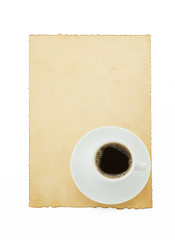 Obraz na płótnie Canvas cup of coffee and parchment on white