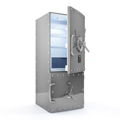 Fototapeta premium Modern Refrigerator with Opened Safe Door. Dieting concept