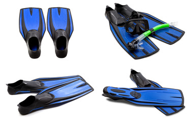 Set of blue swim fins, mask, snorkel for diving with water drops