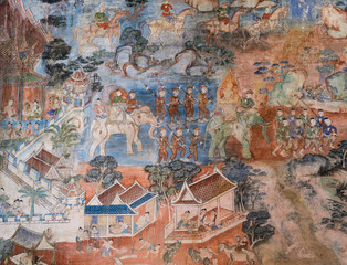 Ancient Thai mural painting of the Life of Buddha
