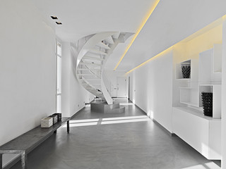 soggiorno moderno bianco con scala di ferro - obrazy, fototapety, plakaty