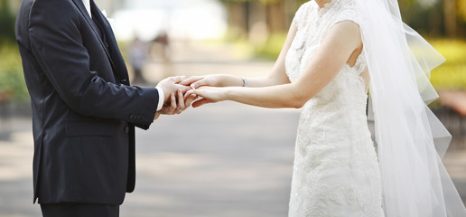 Young wedding caucasian couple. Groom and bride together.
