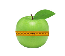Fresh green apple and measuring tape isolated on white
