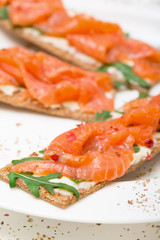 Salted salmon on crispy bread with cheese and arugula