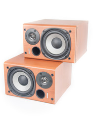 wooden sound speakers isolated on white background