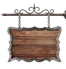 medieval wooden sign board hanging on chains isolated on white