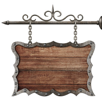 Fototapeta medieval wooden sign board hanging on chains isolated on white