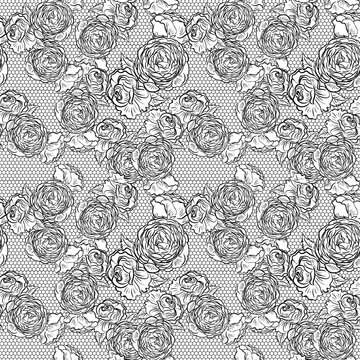 Vintage monochrome roses pattern with lace