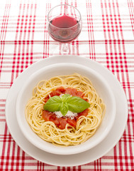 dish with spaghetti and tomato souce