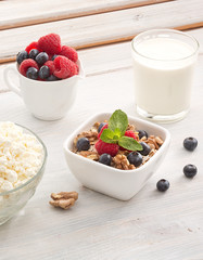 Breakfast of muesli with milk and berries
